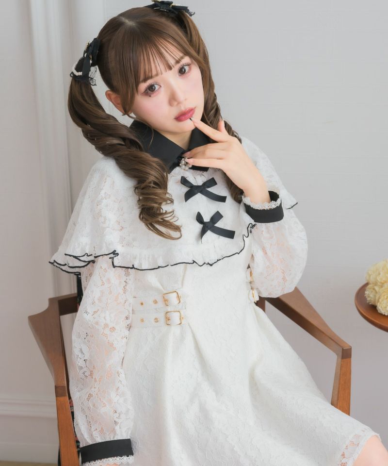 【新品・美品】レース付きケープワンピース チェック柄 ビッグカラー チェック柄 ドッキング[品番：LCLW0005132