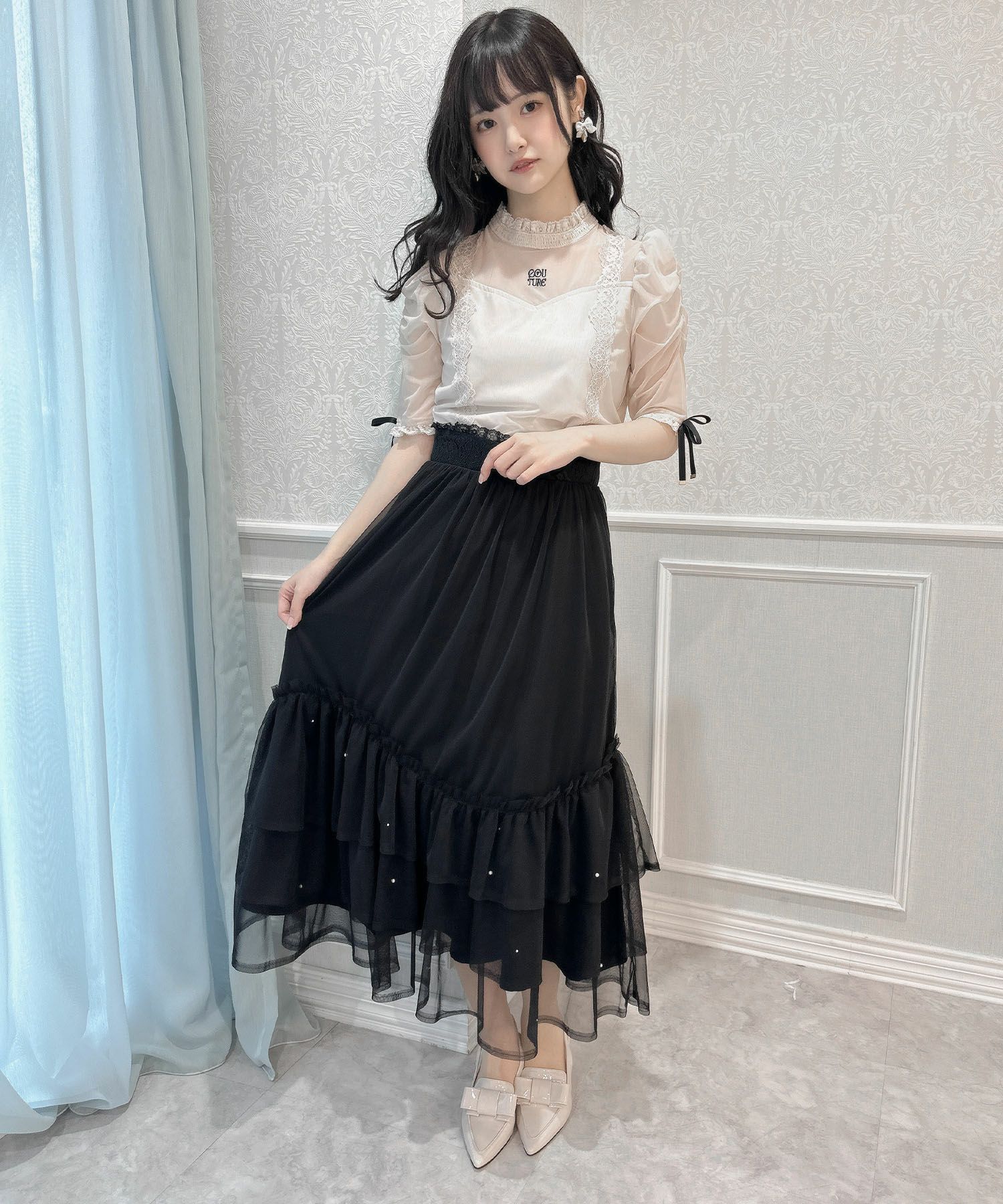 美品 Isa Arfen レース ロング スカート ONE SIZE ブラック  