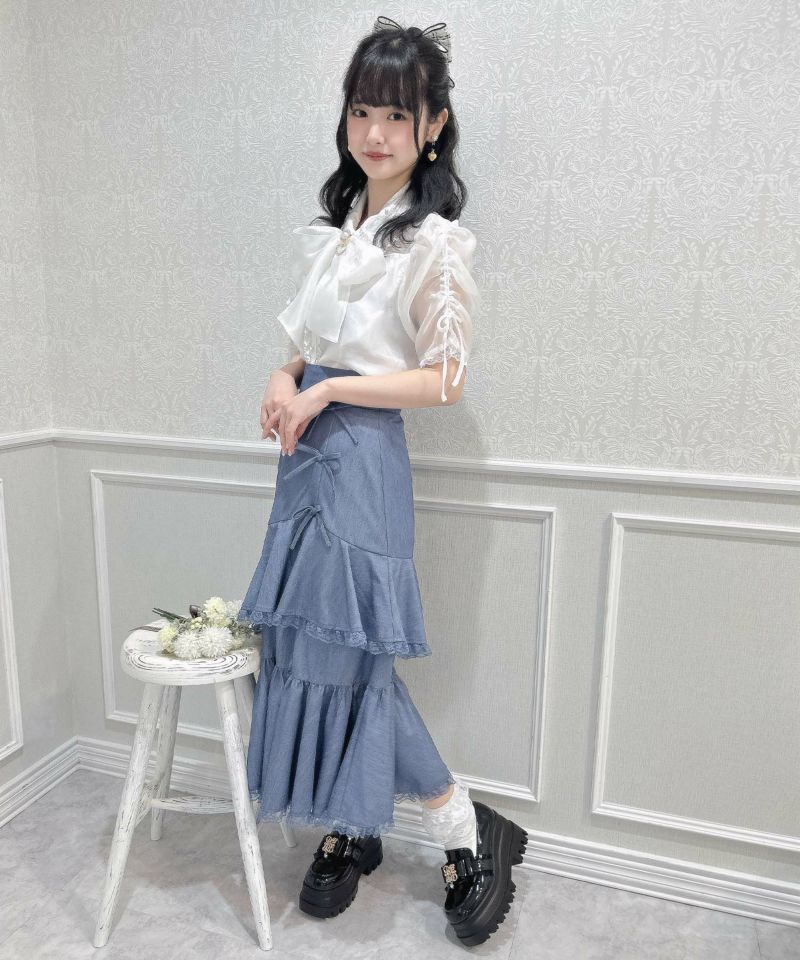 YOKANG 【ヨーカン】ロングスカート　ラッフル　ベルト付き　ヴィンテージ Made in JAPAN】ヴィンテージサテンギャザーロングスカートC