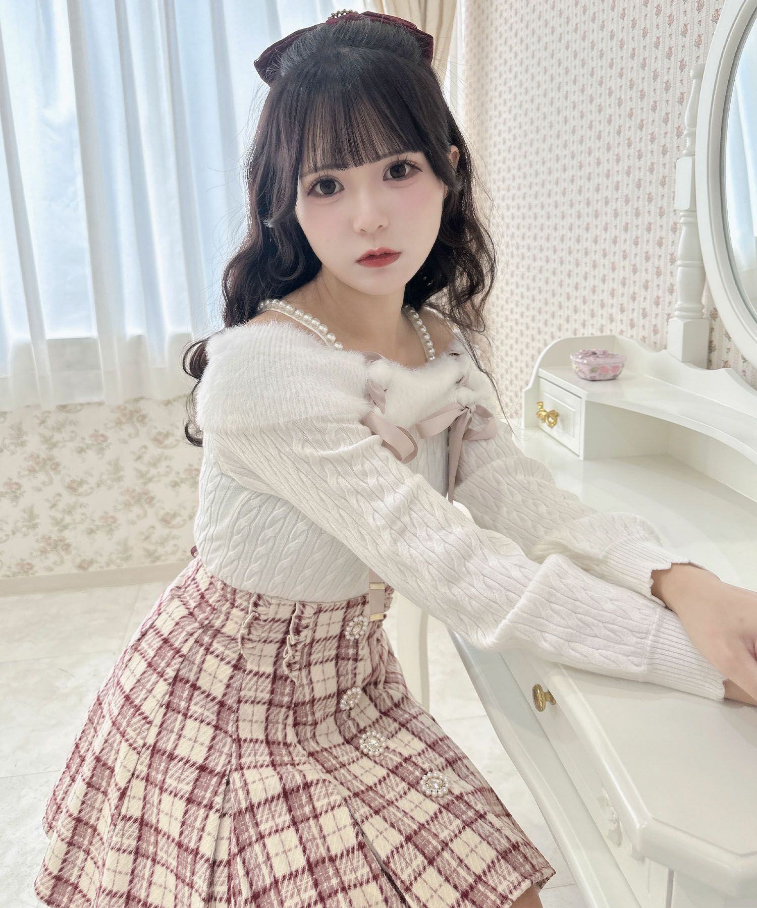 パールストラップオフショルレースアップニット | Rlab store 