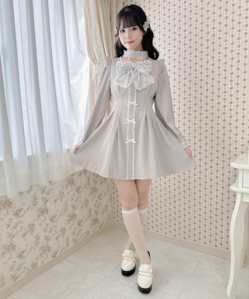 リボン装飾 長袖 ワンピース★2色あり★上品 おしゃれ キュート iko23041212.jpg