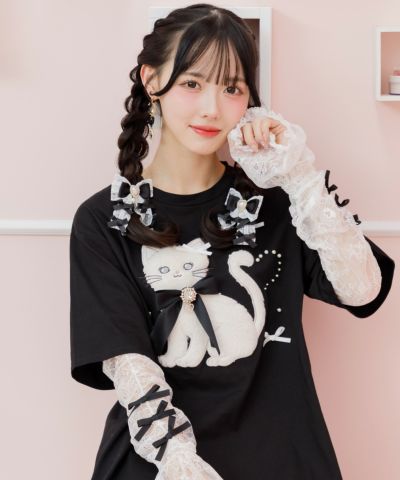 アームウオーマー付き Ribbon Cat Tシャツ