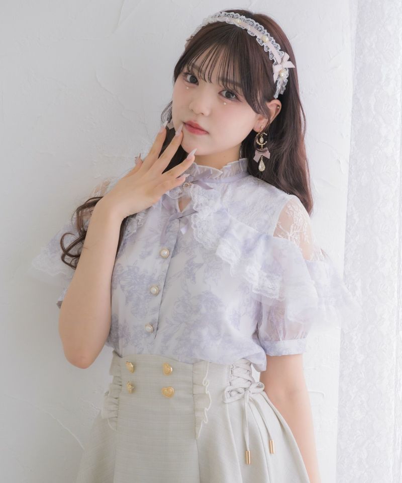 ボレロブラウス　ゴシック花柄　シースルーフリル　リボン ボレロブラウスゴシック花柄シースルーフリルリボン
