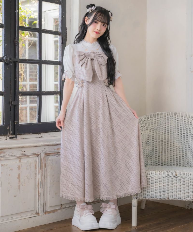 極美品✨総レース　ビジューボタン　ビッグリボン　Aライン　ワンピース　甘ロリ 楽天市場】ロリータ ジャンスカ ハイウエスト リボン 春夏
