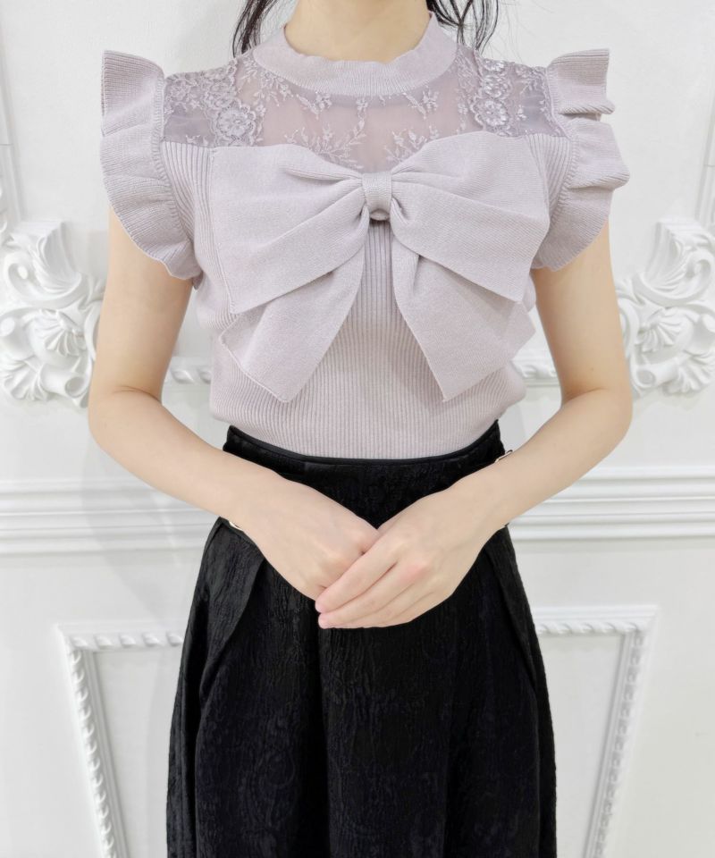 美品 Rene 肩リボン フリル コットンブレンド ニット ブラック 36 美品 Rene 肩リボン フリル コットンブレンド ニット ブラック 36