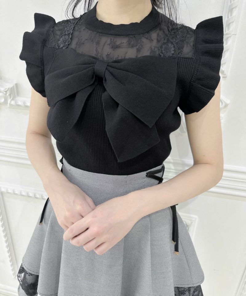 美品 Rene 肩リボン フリル コットンブレンド ニット ブラック 36 美品 Rene 肩リボン フリル コットンブレンド ニット ブラック