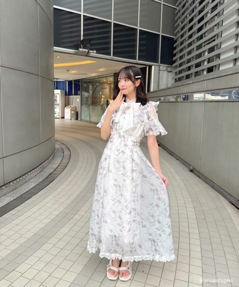 長袖 ワンピース シアー リボン スリット ドレス 展開 7分袖 リボンフレア レース ワンピース le reve vaniller 全3色