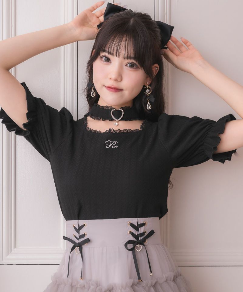 ハートバックルチョーカーテレコトップス（Tシャツ/カットソー