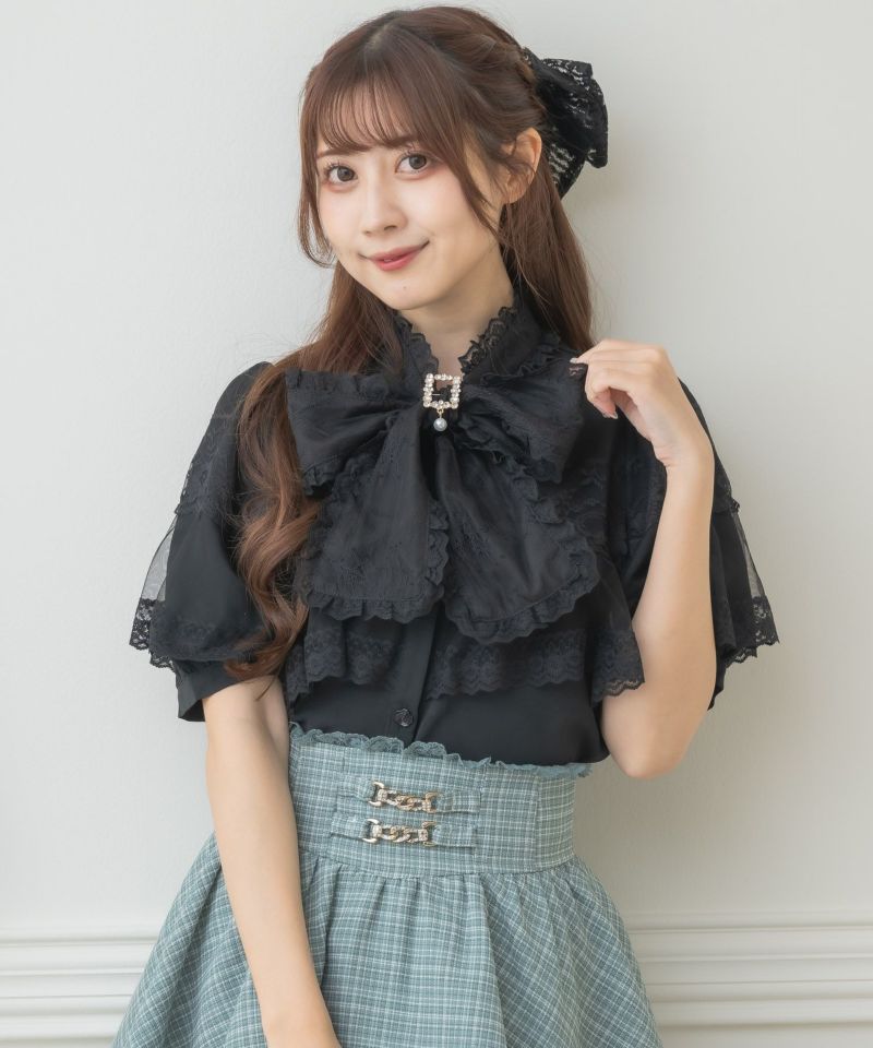 ROJITA 半袖 ￼ ブラウス ロジータ ROJITA 肩開きVラッフル切替半袖ブラウス （ブラック