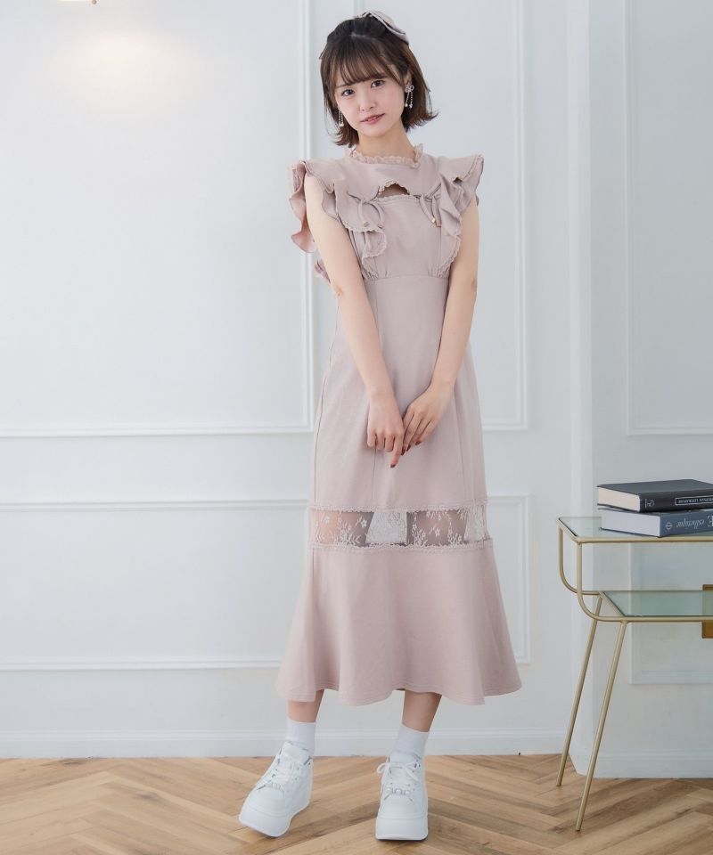 ♦AND COUTURE♦美品♦ブラックフリル袖 ロングワンピース レースレディース Lace Ladies チョーカーネック アシメ フリル