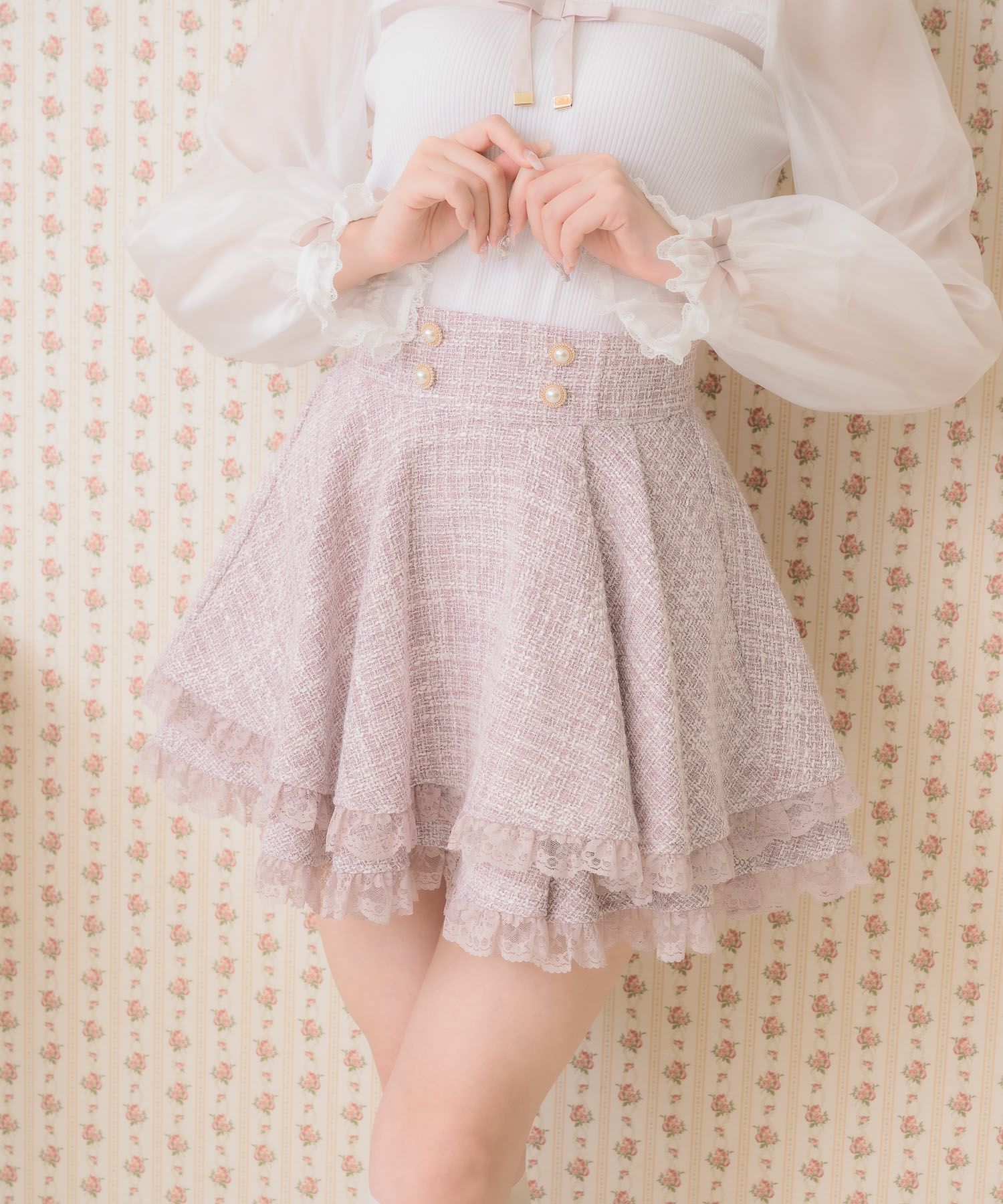 ネット予約のみ‼️未使用　ROJITA ダブルフレア裾レーススカート ピンク ロジータ ROJITA ダブルフレア裾レーススカート （ピンク） -靴