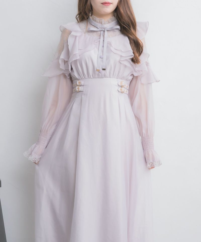 GOLDS♡ビジューチェーン♡リボンブローチ付♡ラッフル段々フリル♡ロンパース桃 セール】レースリボンラッフルスリーブロングワンピース