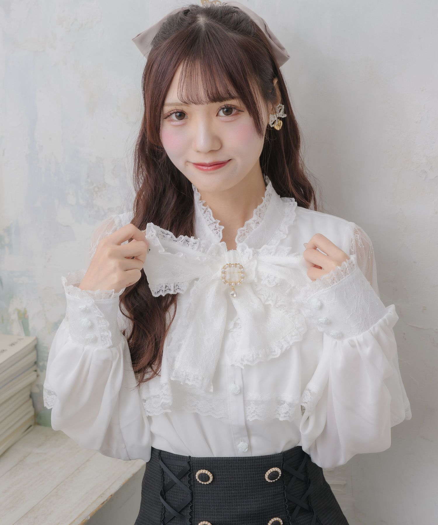 レース切替ボウタイラッフルブラウス | Rlab store