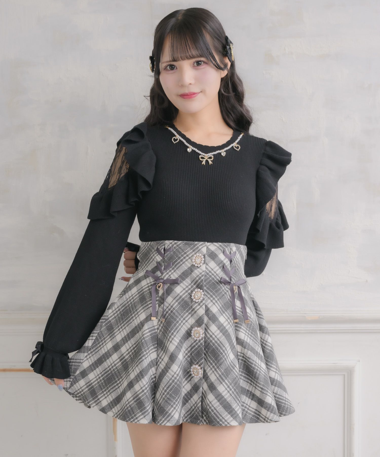 ミニスカート リボン ビジュー付き ビジューリボンツイードSK - Ank Rouge(アンクルージュ)のスカート