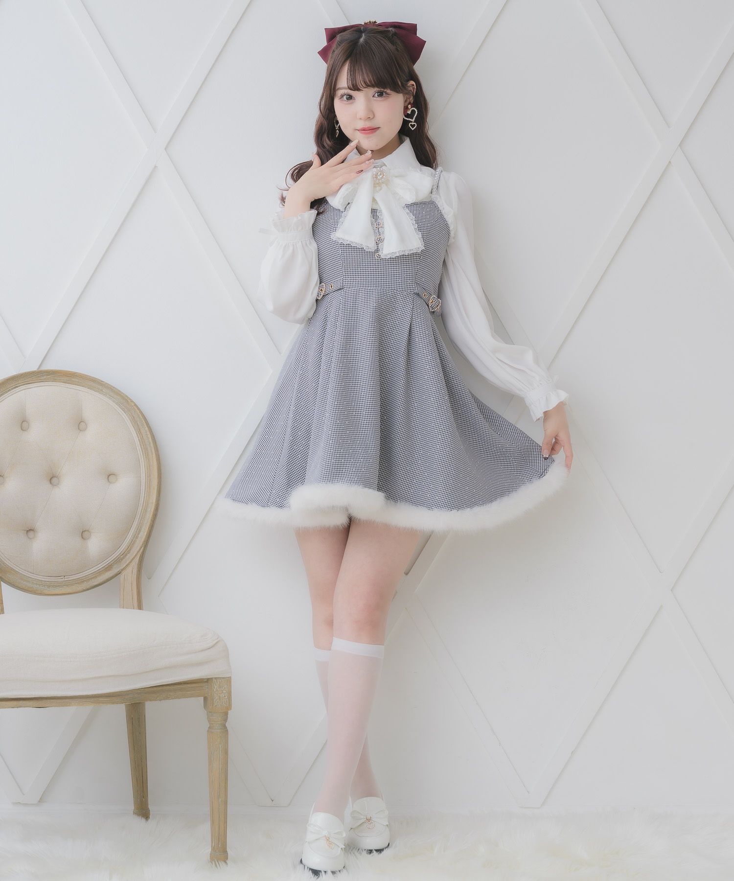 クレージュ　ラビットファーのワンショル ファーショルダーレース切替ワンピース | Rlab store