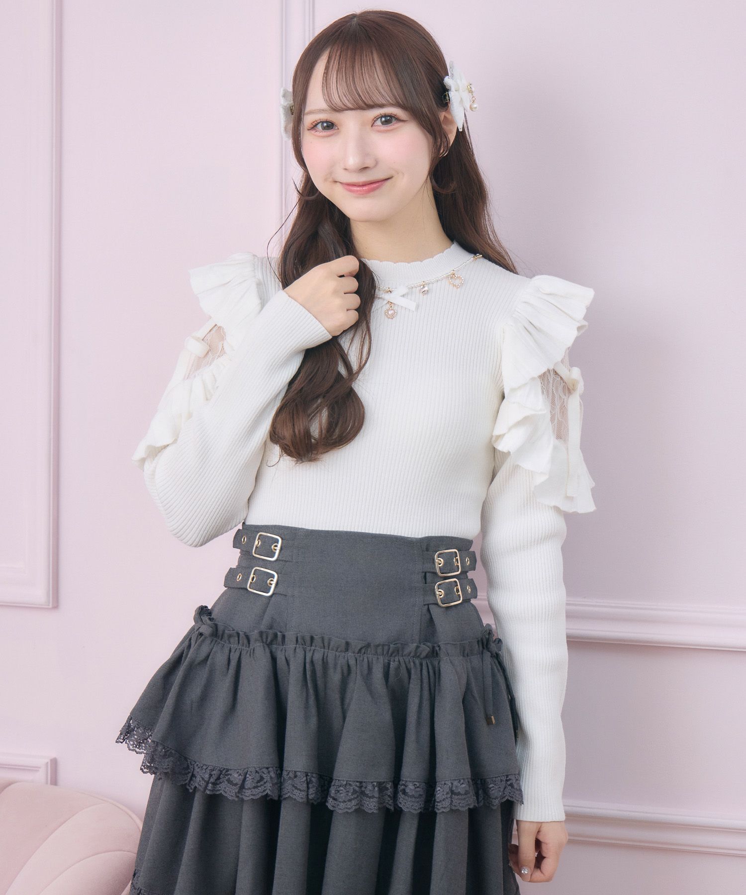 ルネ♡フリルニット ネックレス付肩フリルニット | Rlab store